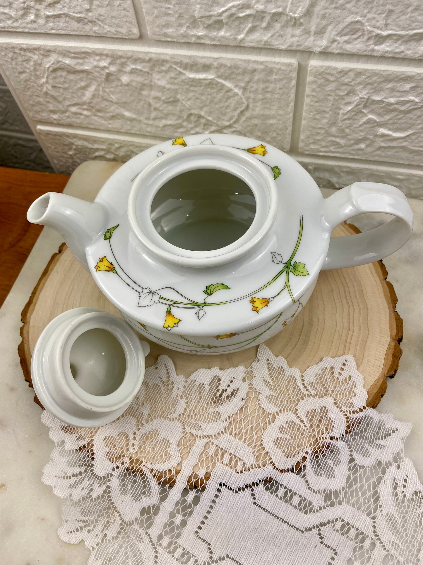Toscany Prelude Collection Porcelain Teapot with Yellow Floral and Vine Pattern