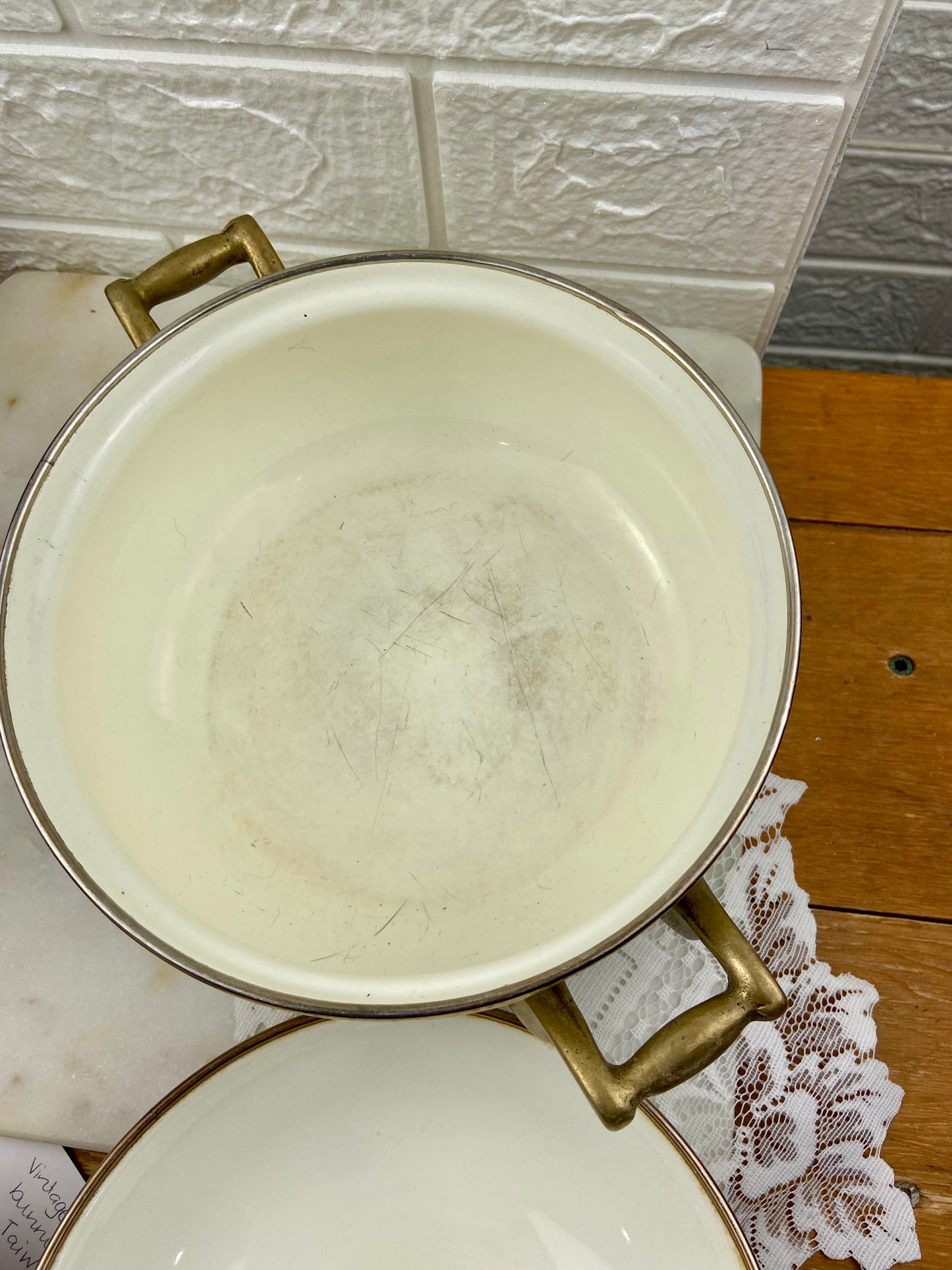 Vintage Lincoware Enamel Dutch Oven with Brass Handles