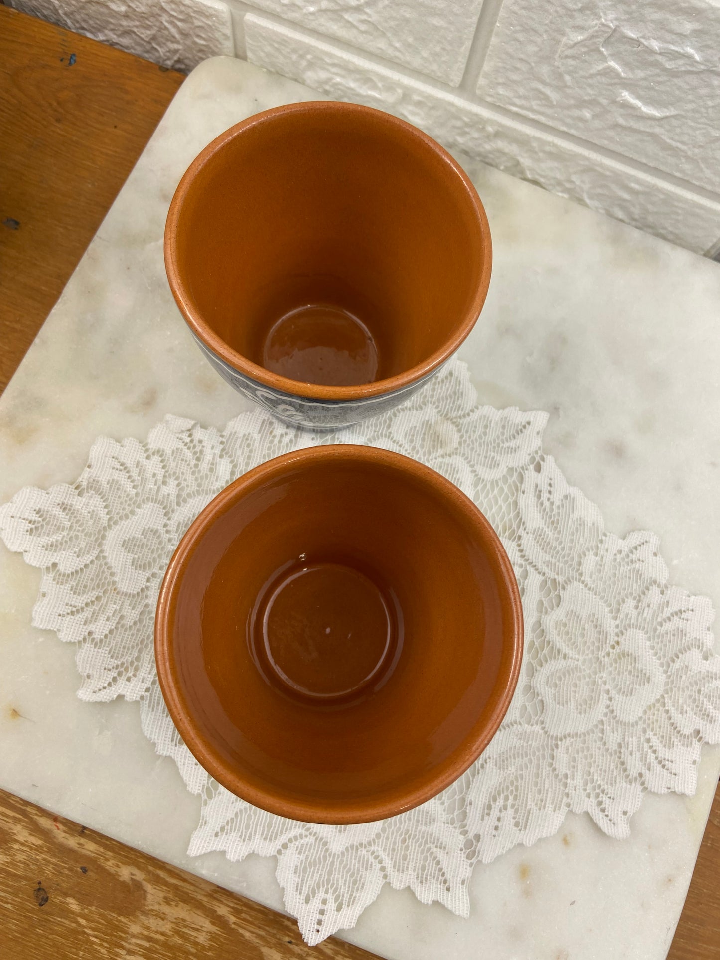 Pair of Hand Painted Red Clay Pottery Mugs | Love Birds & Floral Design