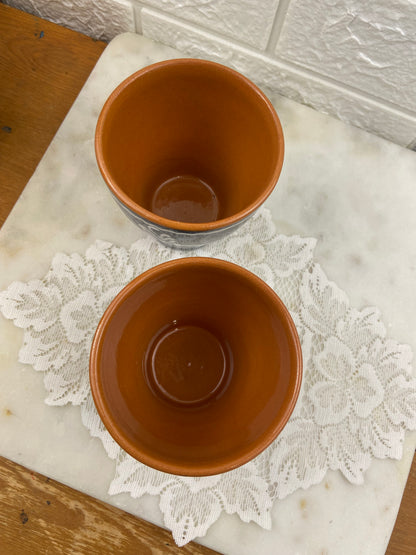 Pair of Hand Painted Red Clay Pottery Mugs | Love Birds & Floral Design