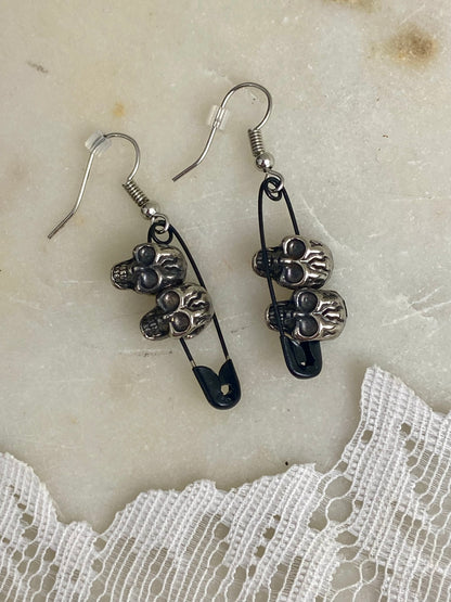 Gothic Skull and Safety Pin Earrings for Pierced Ears [Hooks]