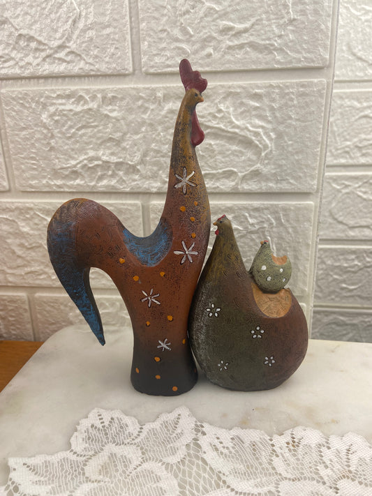 Pair of Hand Painted Folk Art Ceramic Rooster and Hen with Chick Figurines | Textured Pattern