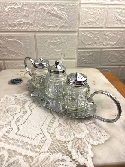 Vintage Mayell Glass Condiment and Salt & Pepper Set with Stainless Embossed Tray
