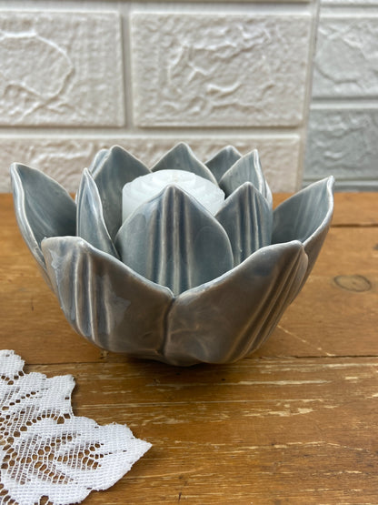 Ceramic Lotus-Shaped Candle Votive with Small Candle