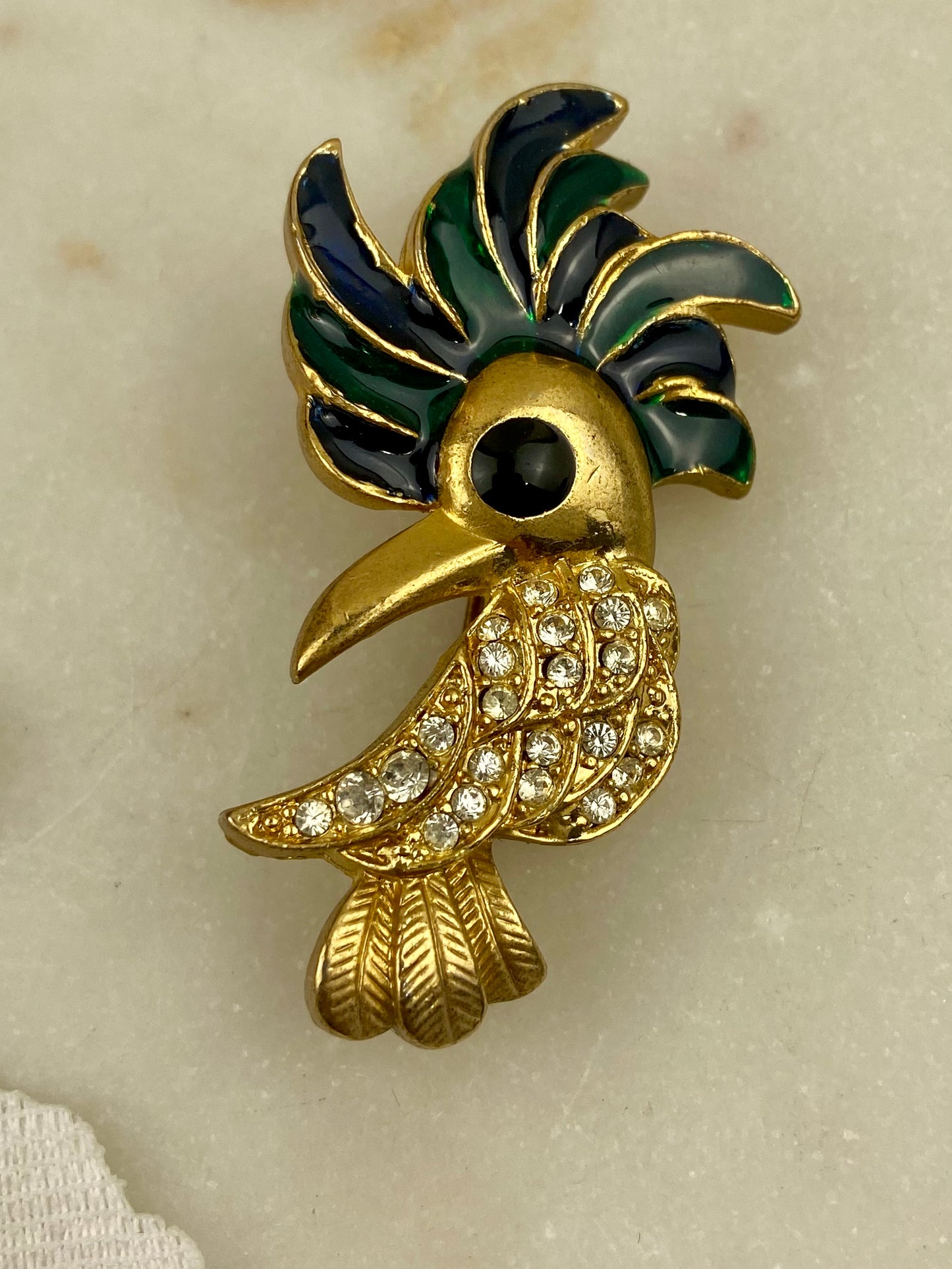 Gold-Tone Woodpecker Brooch with Enamel Crest and Rhinestones