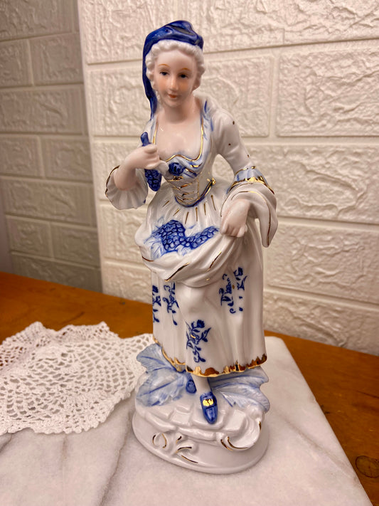 Blue & White Porcelain Figurine | Woman Gathering Grapes