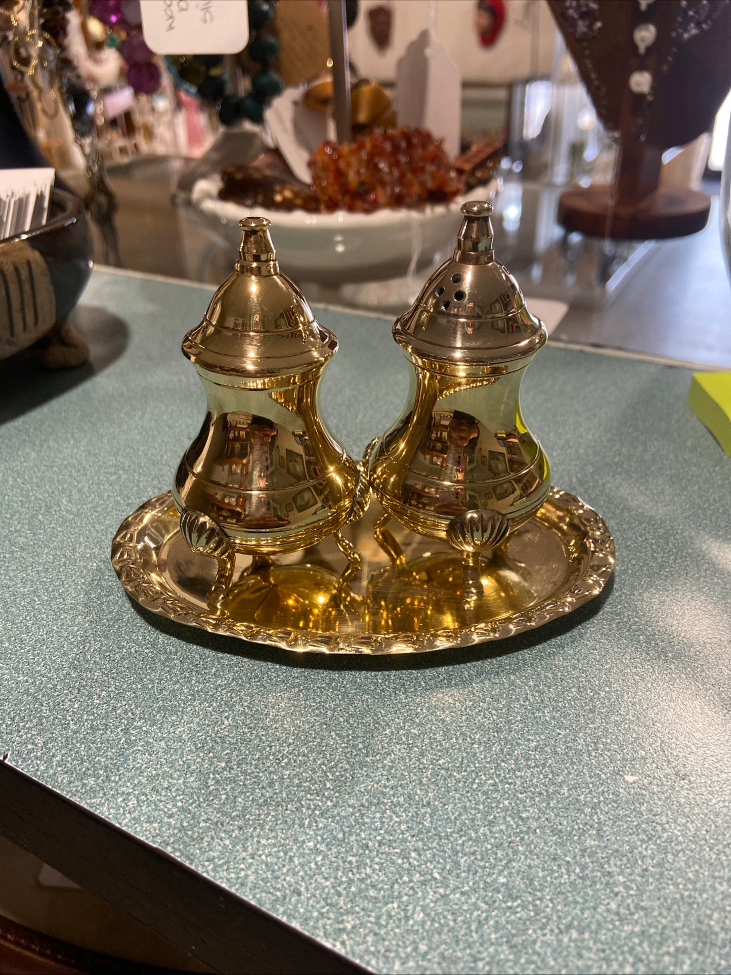 Polished Brass Salt & Pepper Shakers with Oval Tray