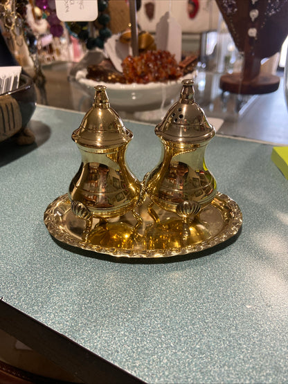 Polished Brass Salt & Pepper Shakers with Oval Tray