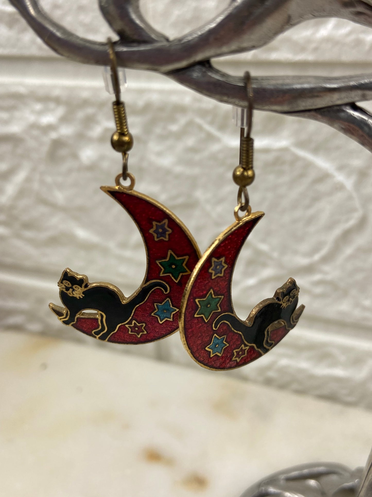 Gold Plate Stefano Cloisonne Earrings | Back Cats on Red Moons [Hooks]