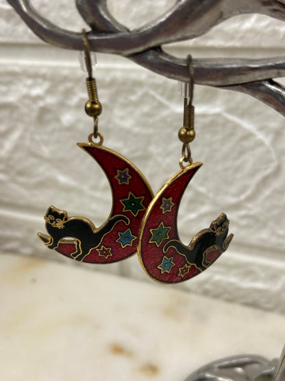 Gold Plate Stefano Cloisonne Earrings | Back Cats on Red Moons [Hooks]