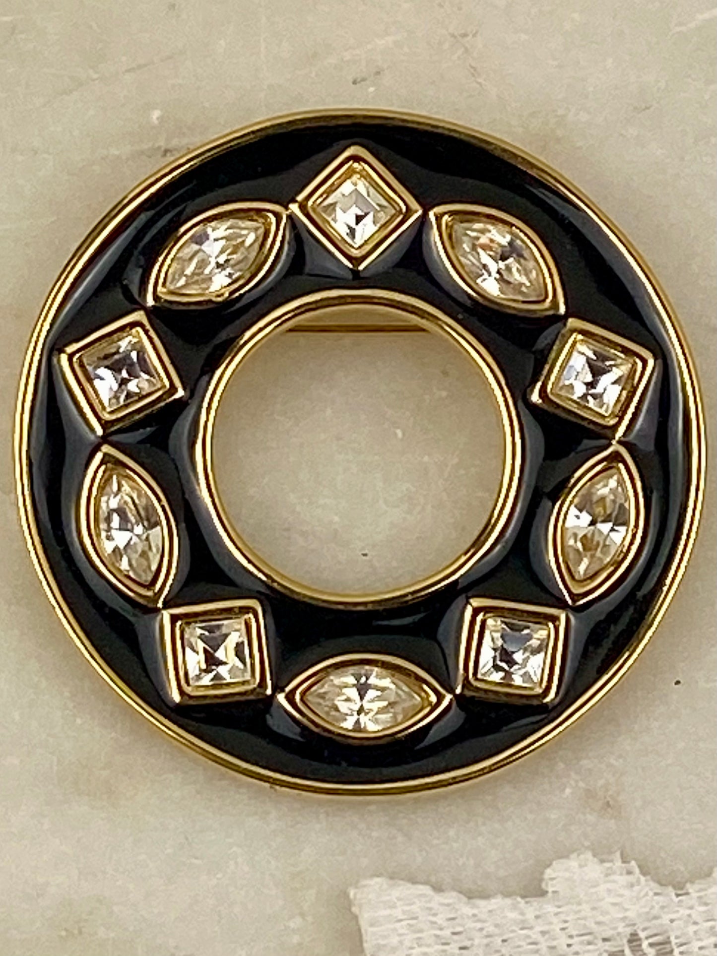 Vintage Black Enamel and Crystal Circle Brooch by Monet