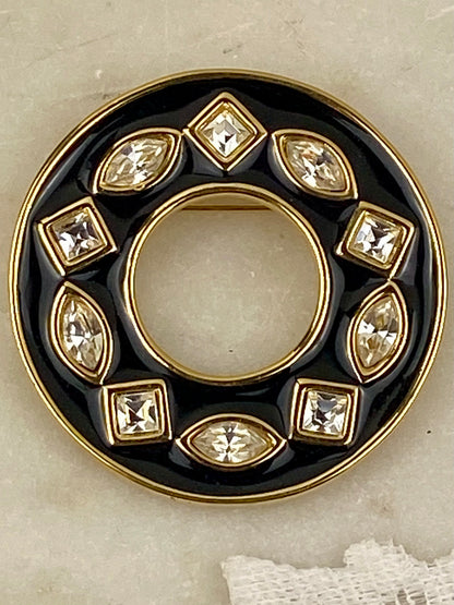 Vintage Black Enamel and Crystal Circle Brooch by Monet