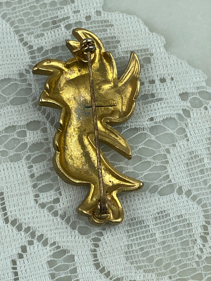 Gold-Tone Woodpecker Brooch with Enamel Crest and Rhinestones