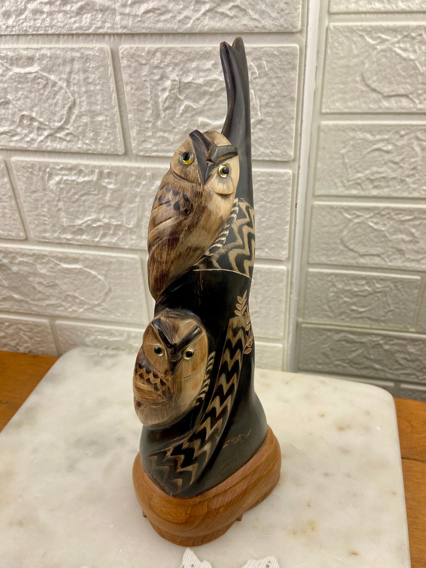 Hand-Carved Pair of Owls Sculpture from Water Buffalo Horn | Wooden Base