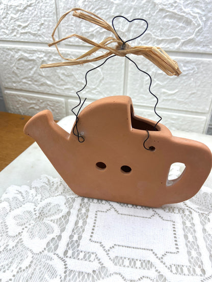 Small Hand Painted Terracotta Watering Can-Shaped Wall Pocket
