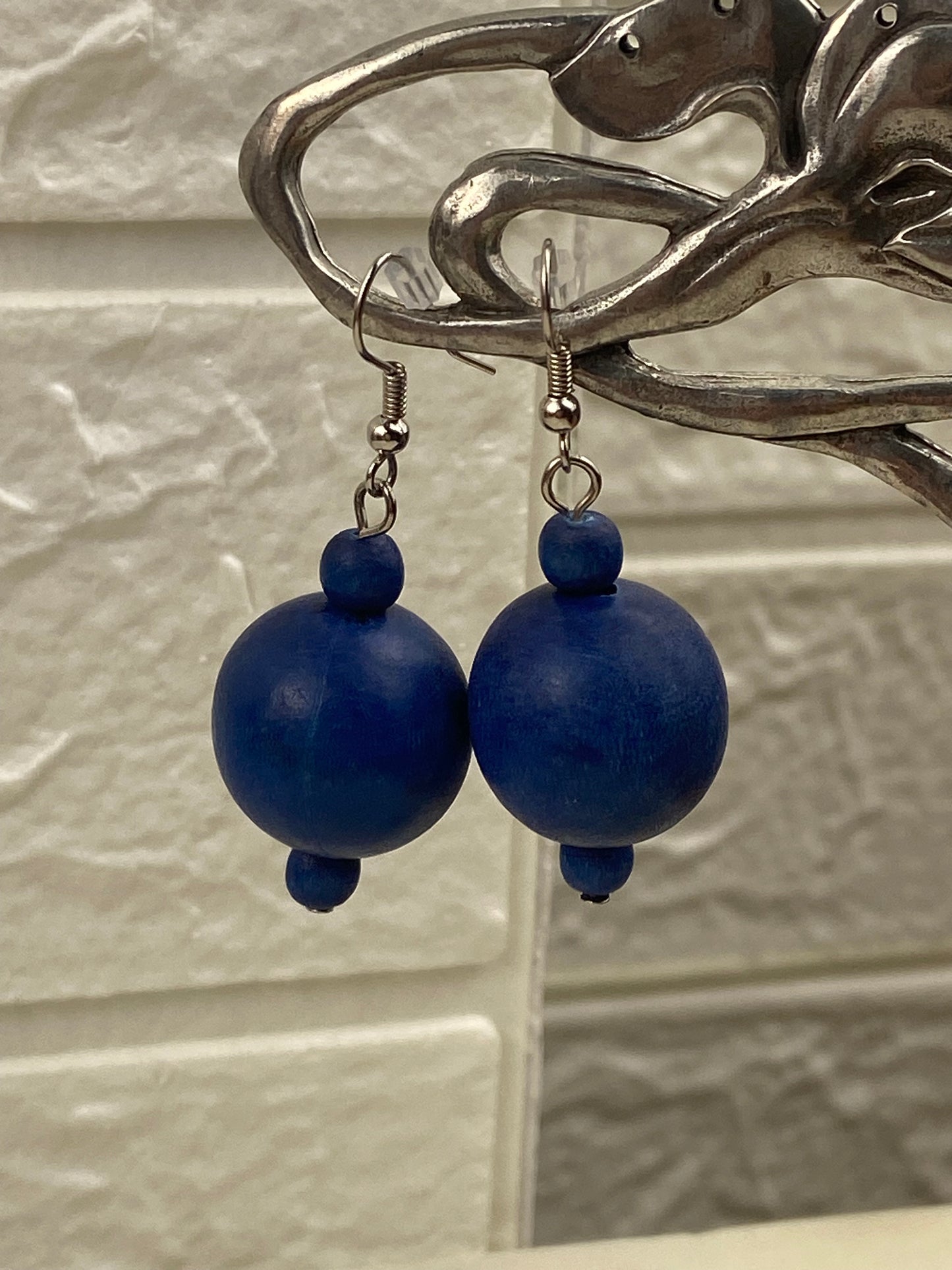 Hand Painted Blue Wooden Bead Earrings [Hooks]