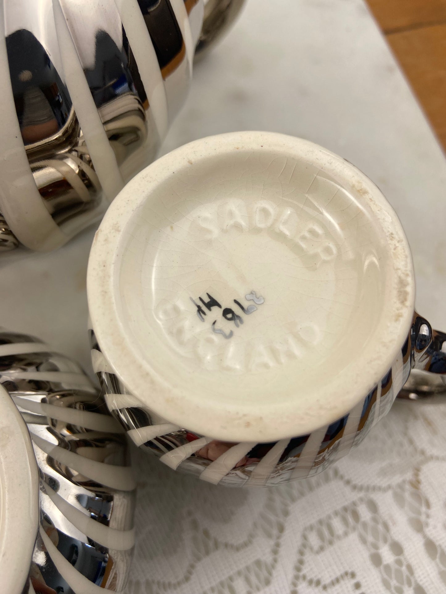 Hand Painted Porcelain Sugar & Creamer Set by Sadler | Silver Lustre Swirl Pattern