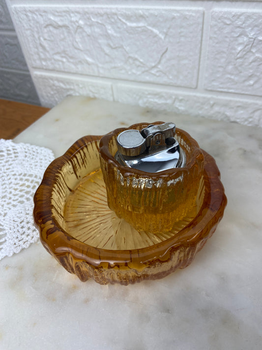 Amber Glass Ashtray and Lighter Set; MCM