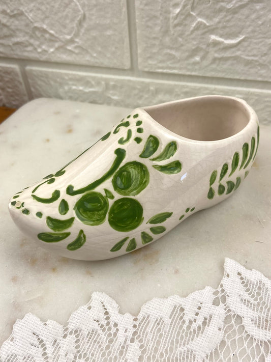 Hand Painted Green and Cream Ceramic Clog by Cresteramics, BC