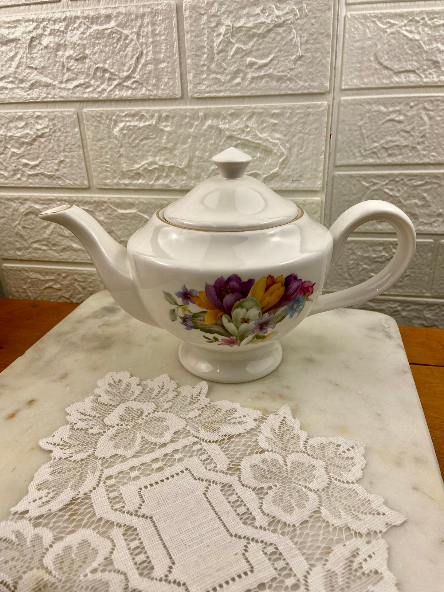 White and Floral Porcelain Teapot by Royal Oak