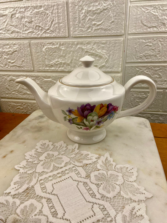 White and Floral Porcelain Teapot by Royal Oak