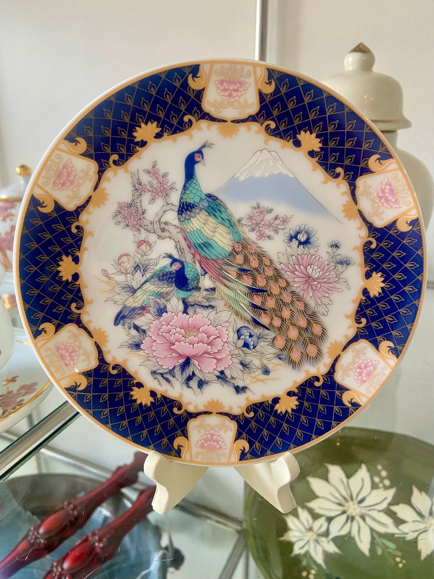 Small Ceramic Plate with Peacock / Lyrebird and Mountain Design