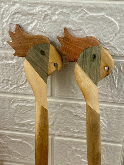 Pair of Handmade Wooden Salad Spoons with Parrots’ Heads