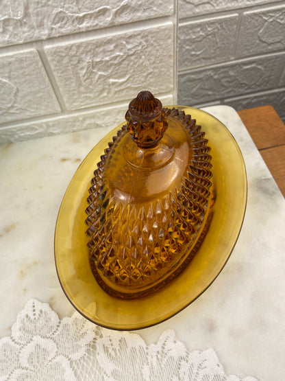 Vintage Amber Glass Covered Butter Dish by Indiana Glass Company | Diamond Point Pattern MCM