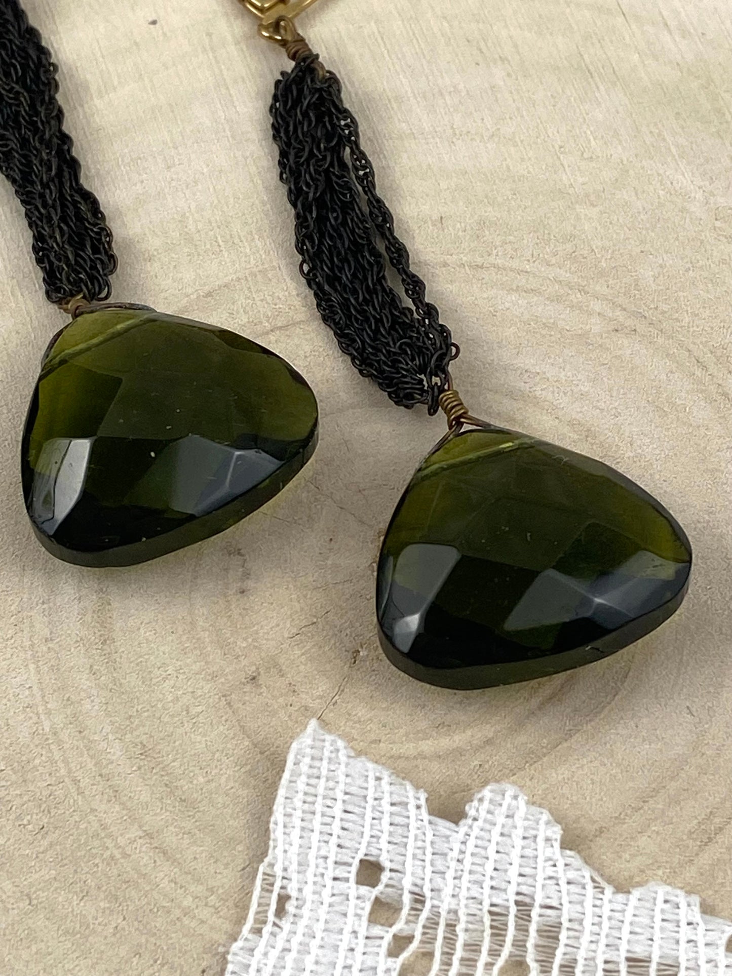 Long Dangle Earrings with Faceted Green Glass & Micro Chains [Lever]