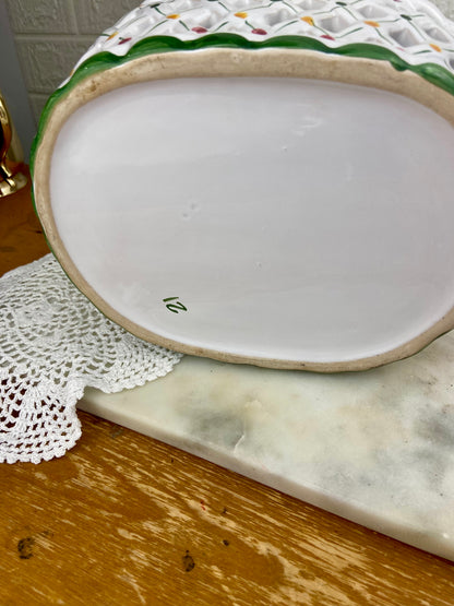 Ceramic Hand Painted Floral Lattice Basket with Twisted Handle