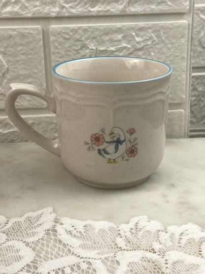 Small Speckled Stoneware Coffee Mug with Blue Ribbons and Geese Pattern