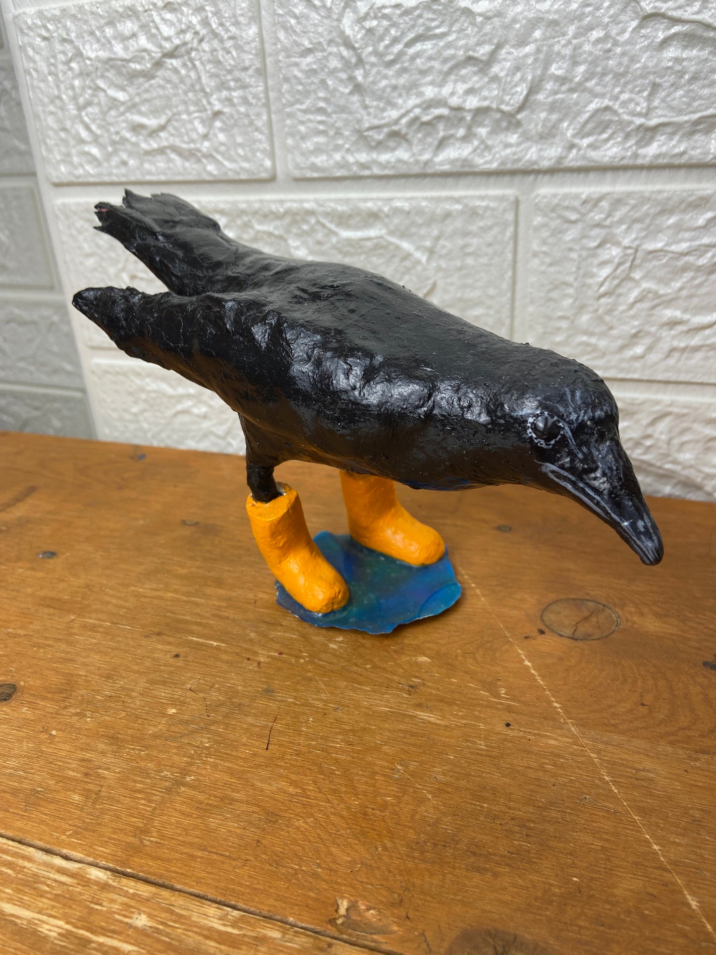 Handmade Paper Mache Crow in Rain Boots
