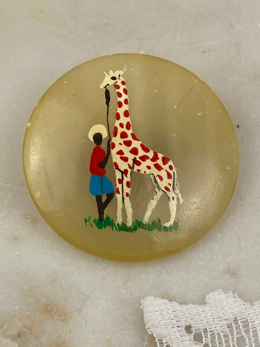 Hand Painted Alabaster Brooch with Child and Giraffe
