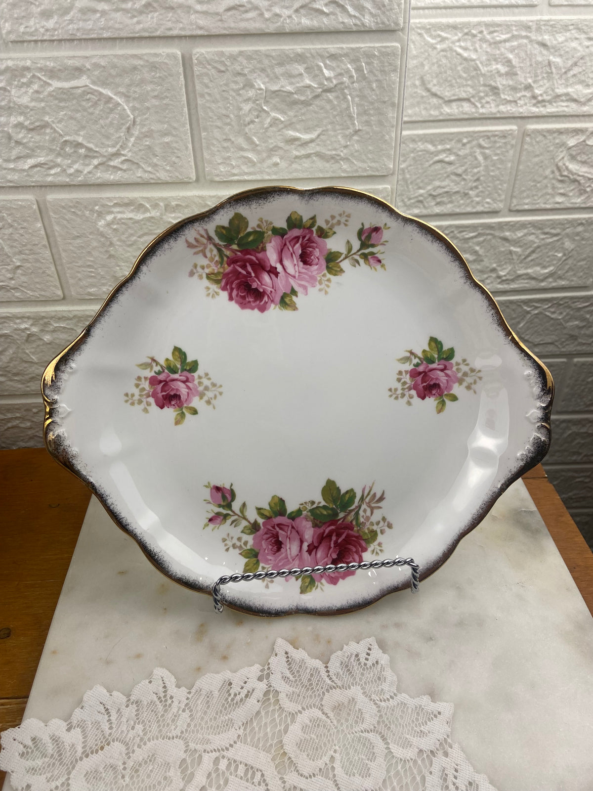 Royal Albert Porcelain Cake Plate with Tab Handles | American Beauty Pattern