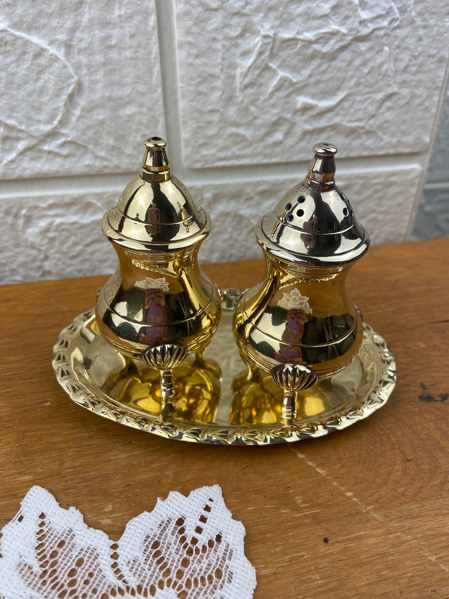 Polished Brass Salt & Pepper Shakers with Oval Tray