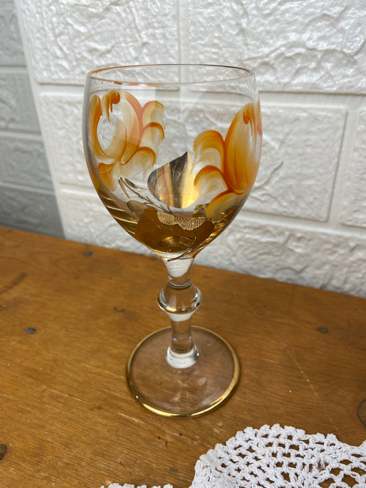 Hand Painted Orange and Gold Floral Sherry Glass