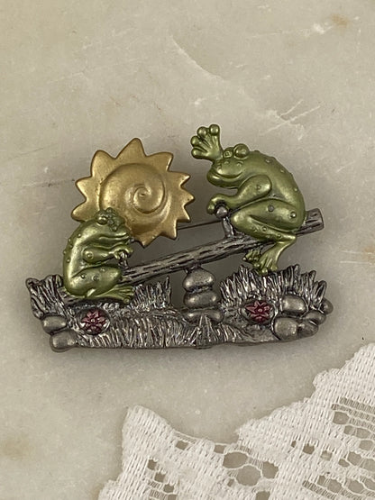 Pewter Frogs on See-Saw Brooch by Darling Dash