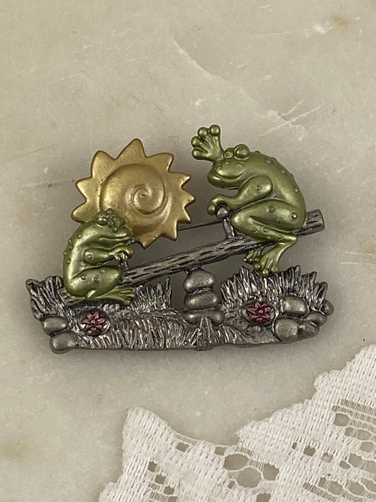 Pewter Frogs on See-Saw Brooch by Darling Dash