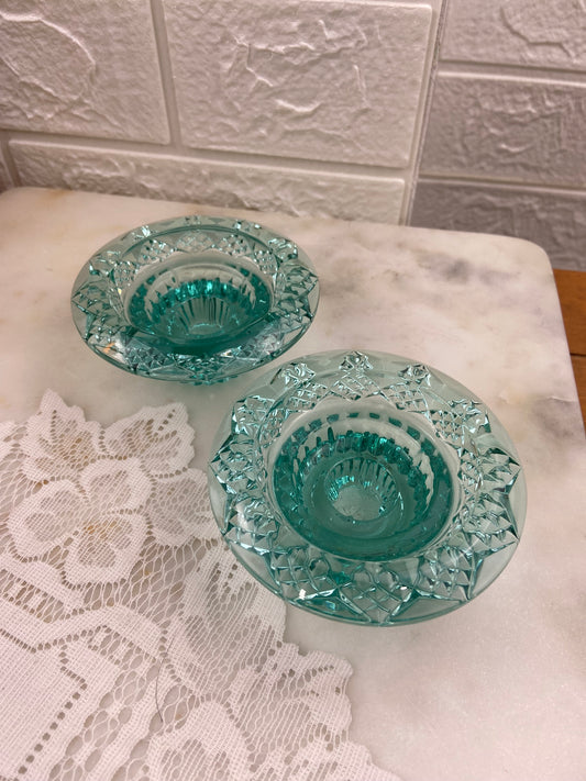 Pair of Sea Green Glass Candle Votives for Tea Lite or Tapered Candles