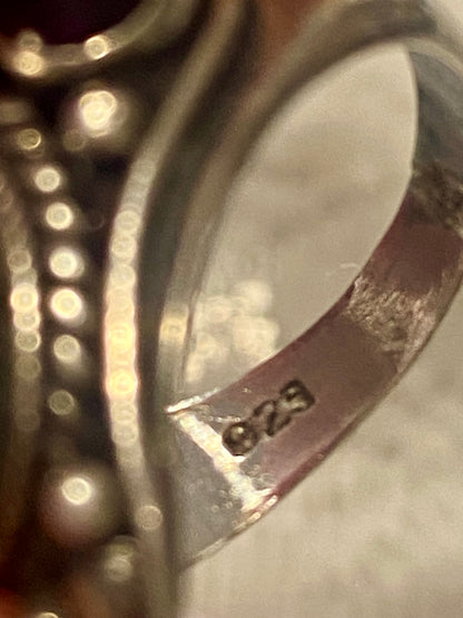 Sterling Silver Bohemian Ring with Rope Twist Detail | Clear Pinkish- Red Cabochon