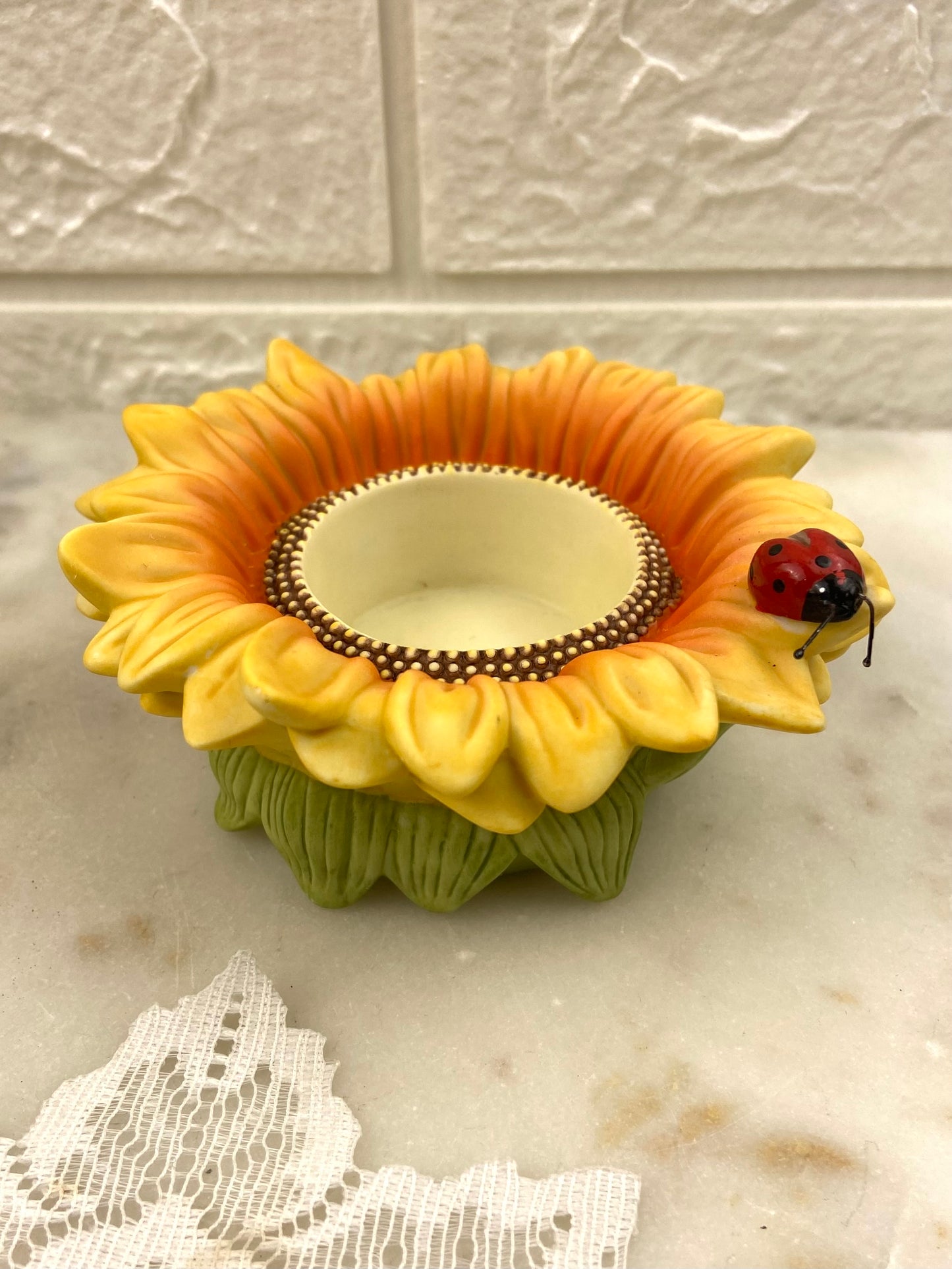 Bisque Porcelain Sunfower Candle Votive with Ladybug by Partylite