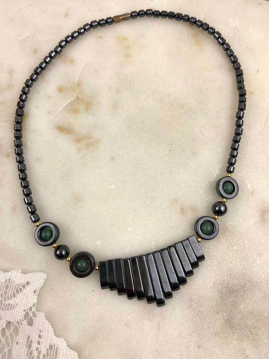18” Hematite Waterfall Necklace with Green Gemstone Beads and Screw Clasp