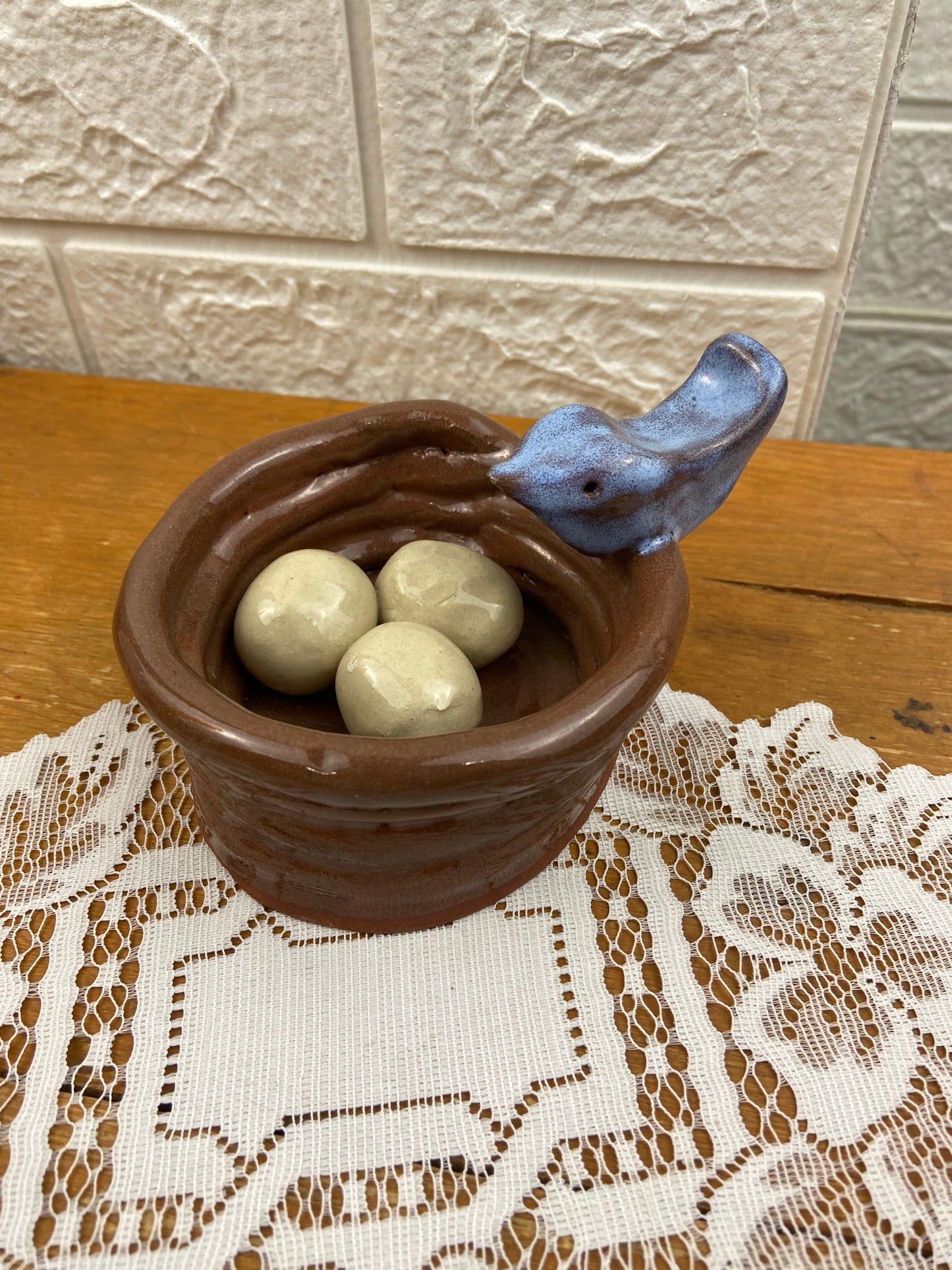 Handmade Clay Bird in Nest with Eggs by Pisces Pottery