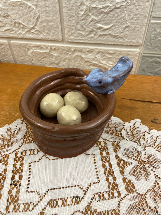 Handmade Clay Bird in Nest with Eggs by Pisces Pottery