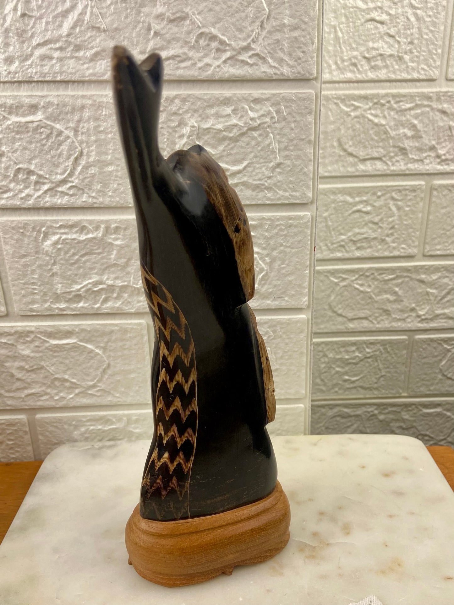 Hand-Carved Pair of Owls Sculpture from Water Buffalo Horn | Wooden Base