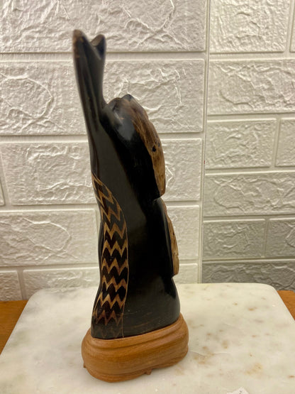 Hand-Carved Pair of Owls Sculpture from Water Buffalo Horn | Wooden Base
