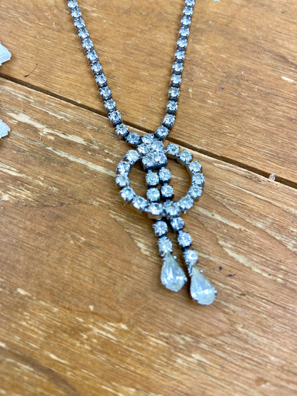 Vintage Rhinestone Necklace with Circular Pendant with Dangling Teardrop Rhinestones