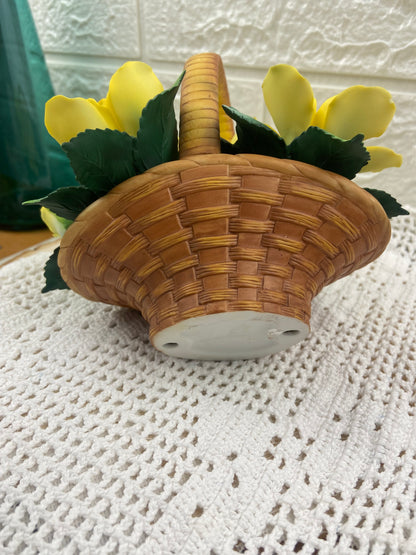 Hand Painted Bisque Porcelain Basket of Yellow Roses and Rosebuds