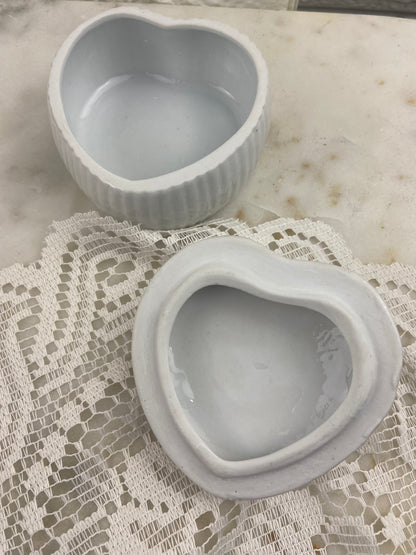 Ceramic Heart-Shaped Trinket Box with Kissing Love Birds and Sculpted White and Blue Roses