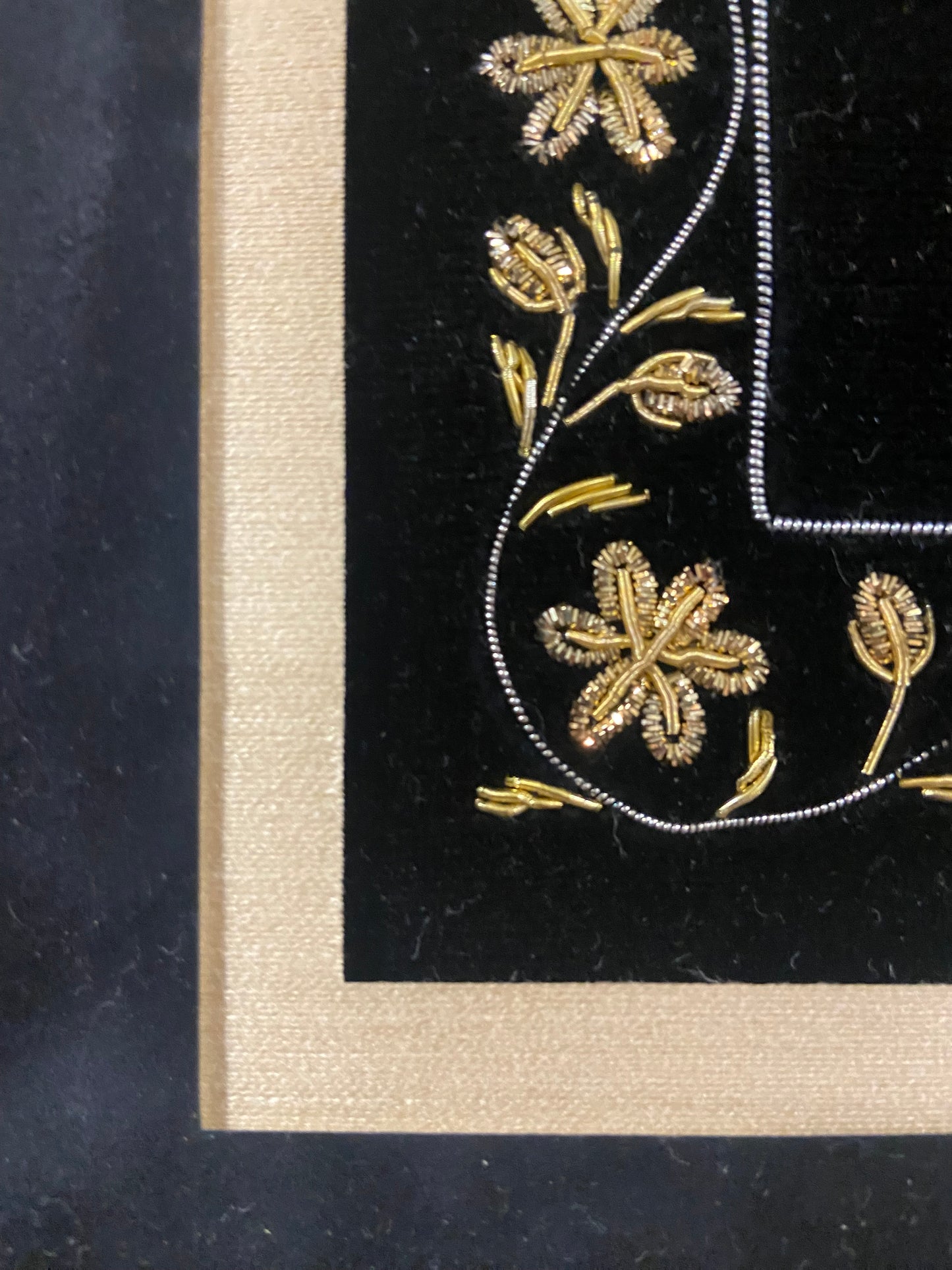 Beaded Lyre Bird Embroidery on Black Velvet; Framed